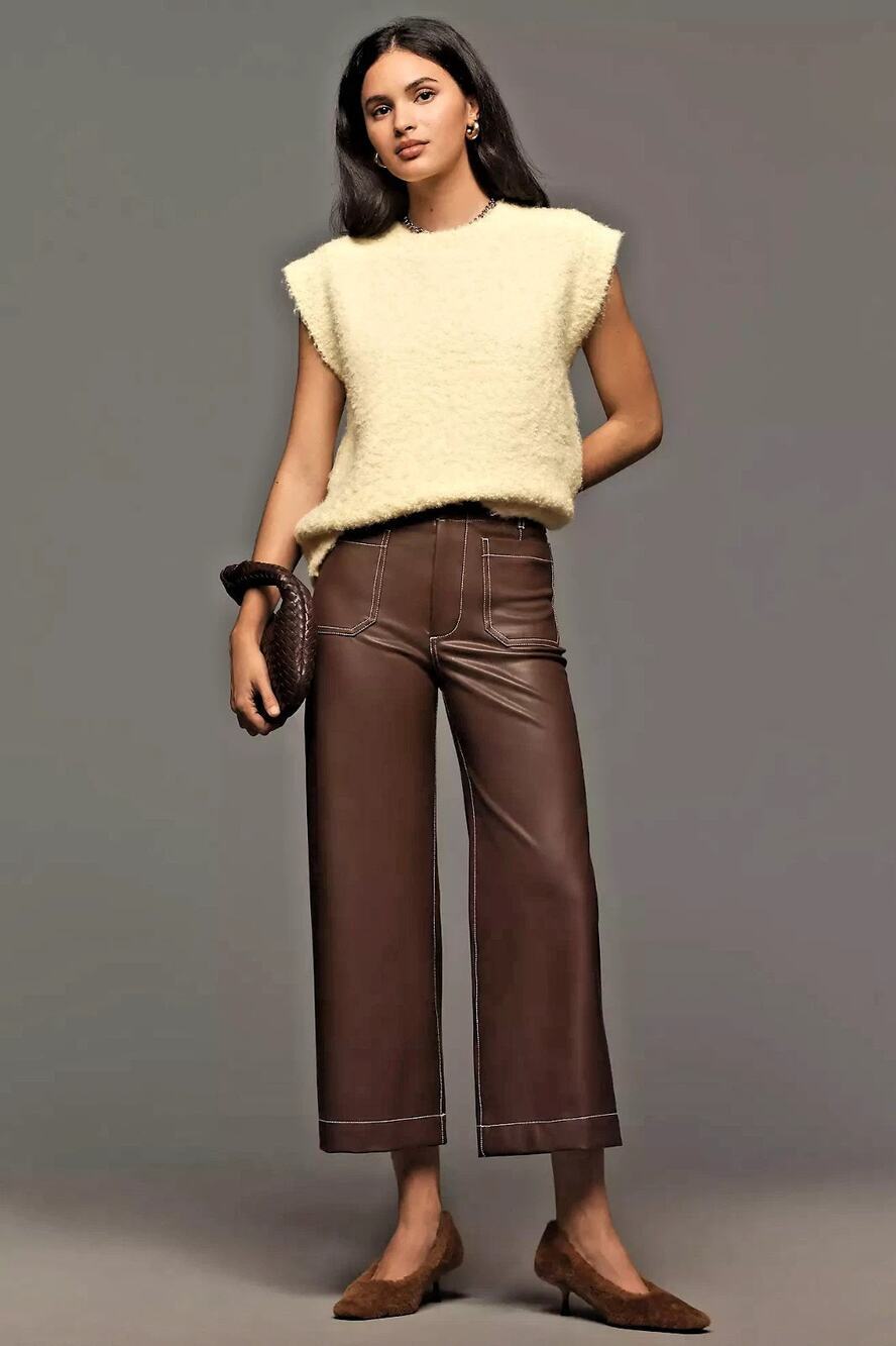 Anthropologie Maeve Colette Crop Wide Leg Pants TOP STITCH FAUX Leather Cocoa 28